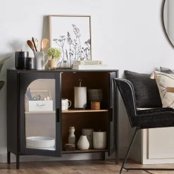 Black Wooden Buffet with Glass Doors Furniture Accessories|Buffet Tables & Credenzas