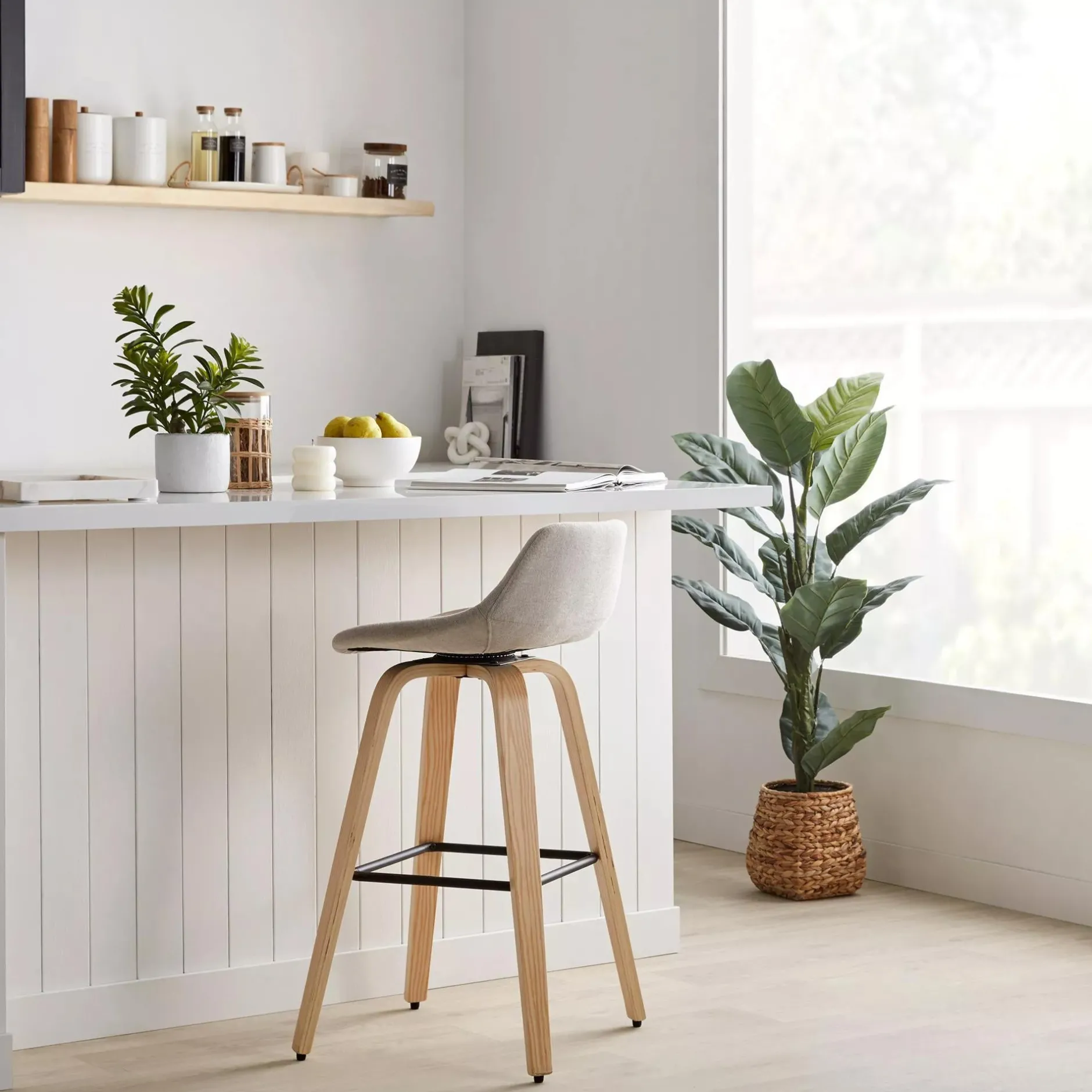 Fabric and Natural Wood Stool Furniture Accessories|Bar & Counter Stools