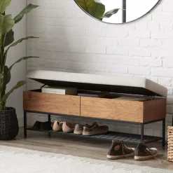 New Fabric Wood and Metal Storage Bench with Shoe Rack Entryway Benches Ottomans And Poufs|Ottomans & Benches