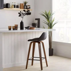 Online Faux Leather and Walnut Wood Bar Stool Furniture Accessories|Bar & Counter Stools