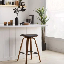 Best Faux Leather and Walnut Wood Backless Stool Furniture Accessories|Bar & Counter Stools