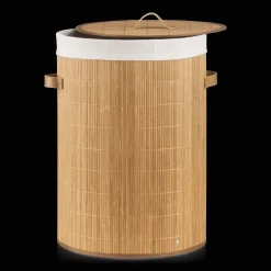 Discount Round Bamboo Hamper with Lining and Faux Leather Handles Storage Baskets & Hampers|Storage & Baskets
